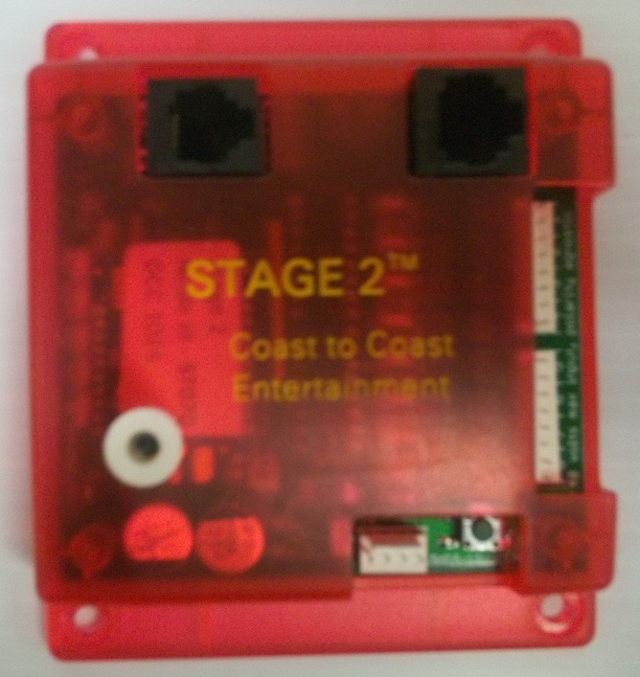 Finished Stage 2 board, in red plastic housing