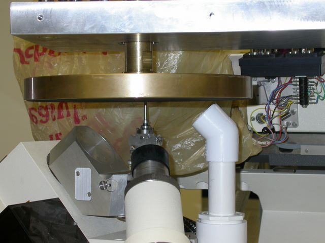 The wheel and a test sample in place in the goniometer head